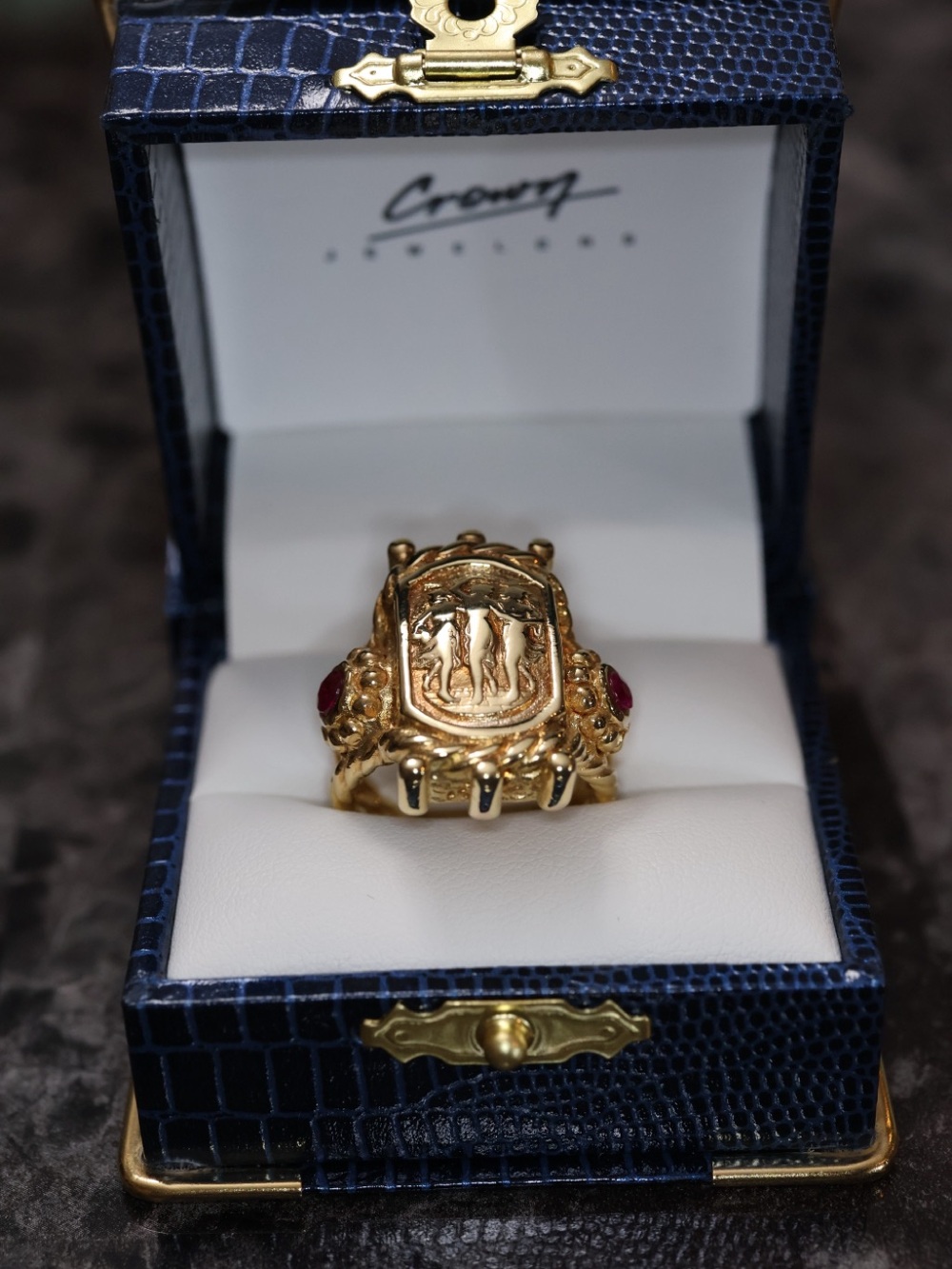 Gold Signet Ring with Red Ruby Accents. Hollow 14k gold